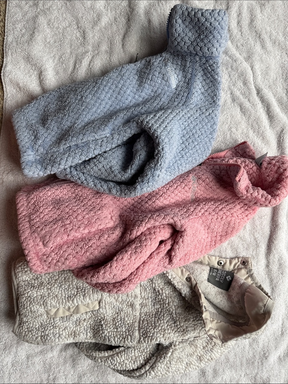 Columbia Kids Plush Fleece Hoodies in Light Blue, Pink, and Cream
